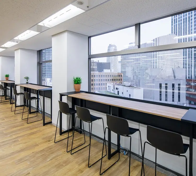窓際のカウンターとハイスツール、観葉植物が配置された明るいモダンなオフィスのラウンジエリア