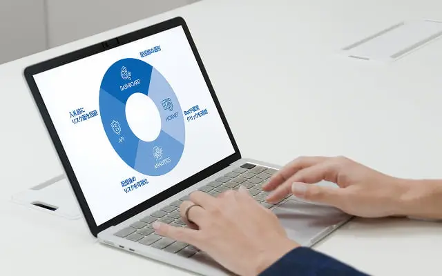 マーケティングチャネルの円グラフが表示されたノートパソコンを操作する人物